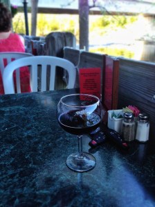 Great river-view patio. Worst wine glass ever.